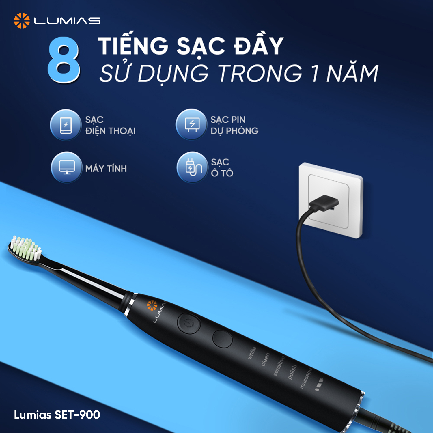 bàn chải Lumias SET-900W/SET-900B/SET-900P dung lượng pin lớn, 8 tiếng sạc đầy sử dụng trong 1 năm