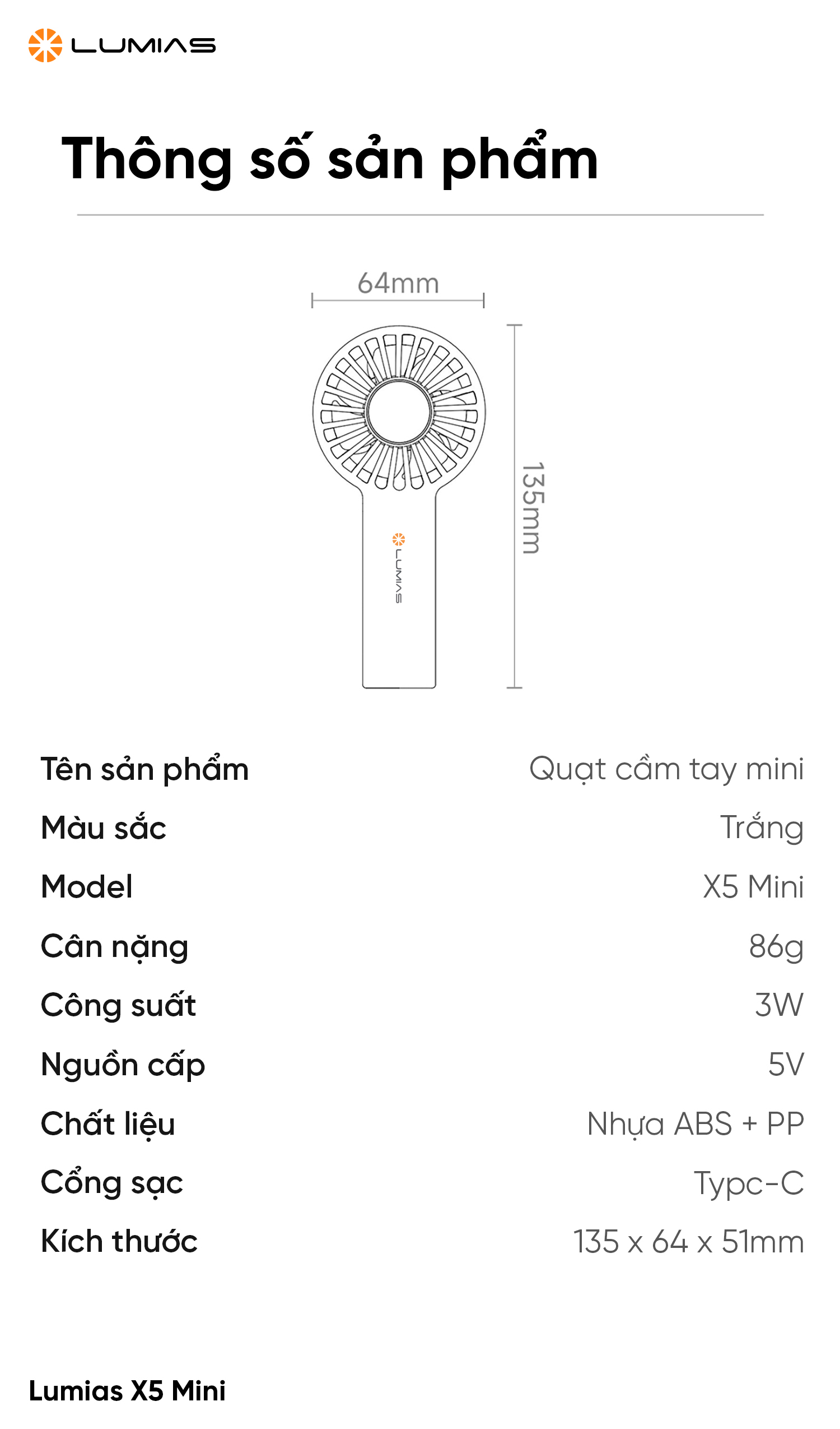 Thông số kỹ thuật của quạt cầm tay Lumias X5 Mini