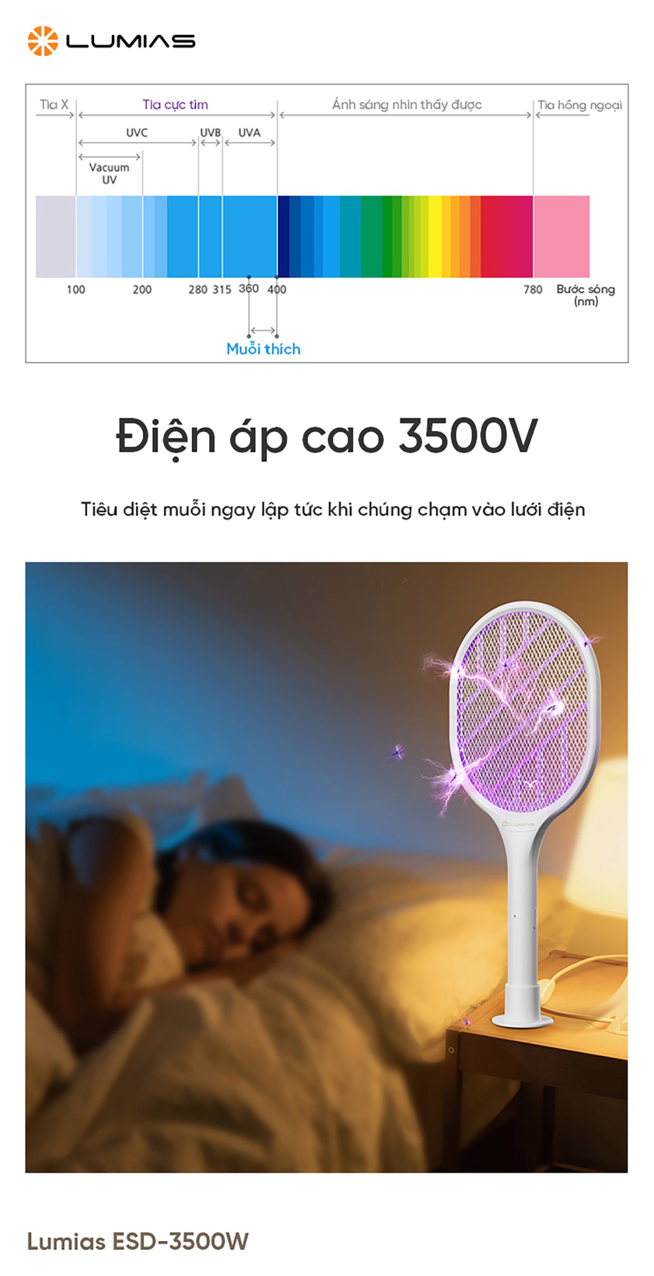 vợt muỗi Lumias ESD-3500W khả năng diệt muỗi ngay lập tức