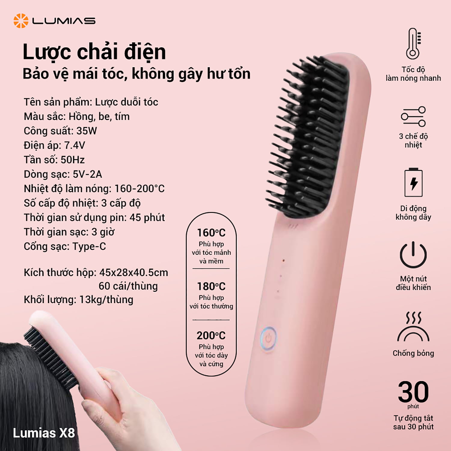 Lược điện không dây X8 bảo vệ tóc, không gây hư tổn