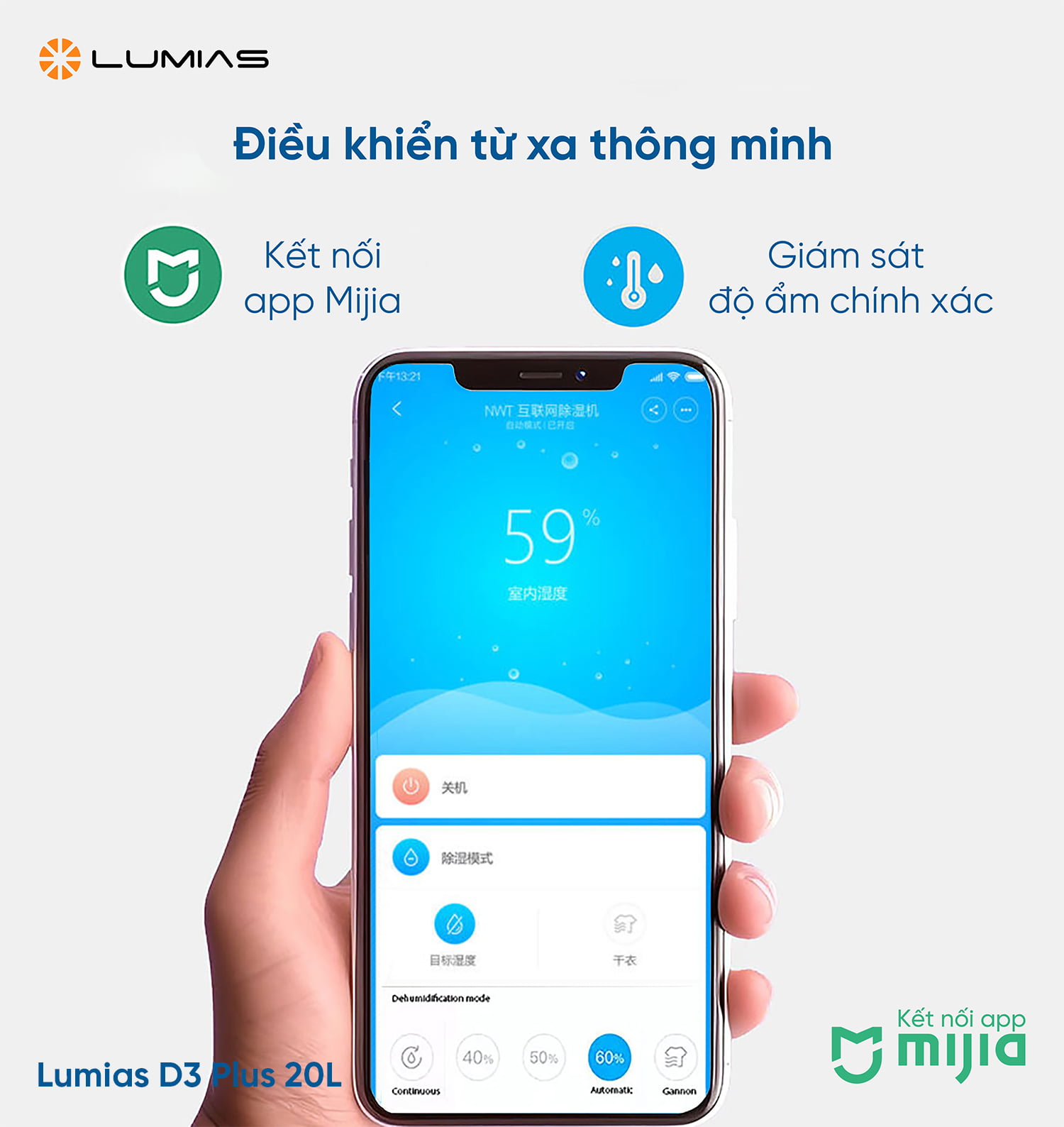 Máy hút ẩm NWT D3 Plus 20L có thể điều khiển qua app cài trên điện thoại