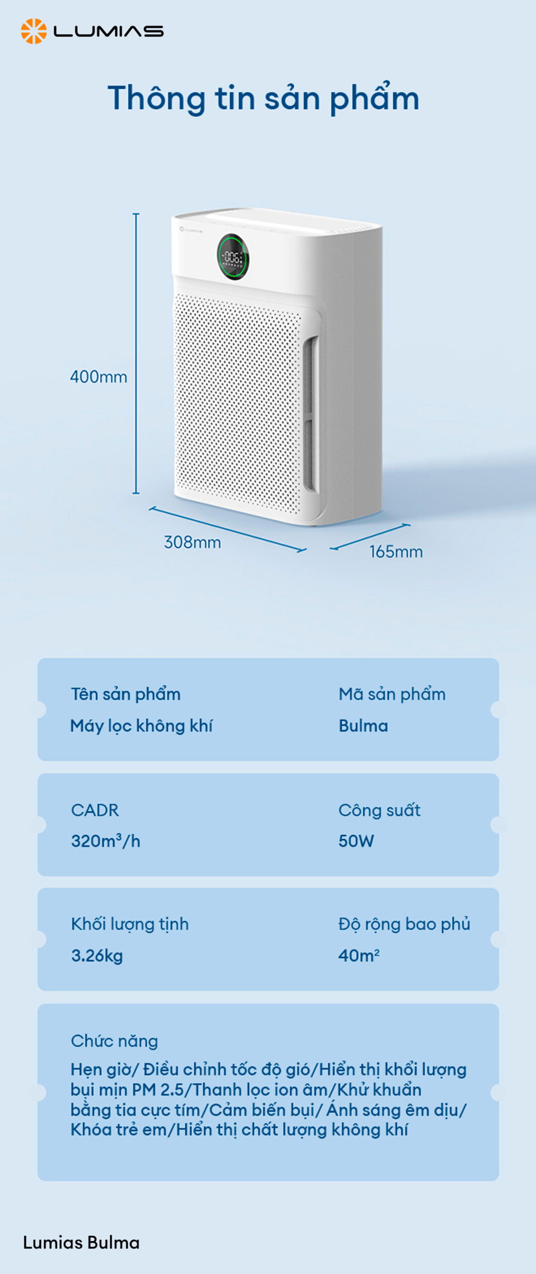 Thông số kỹ thuật của máy lọc không khí Lumias Bulma