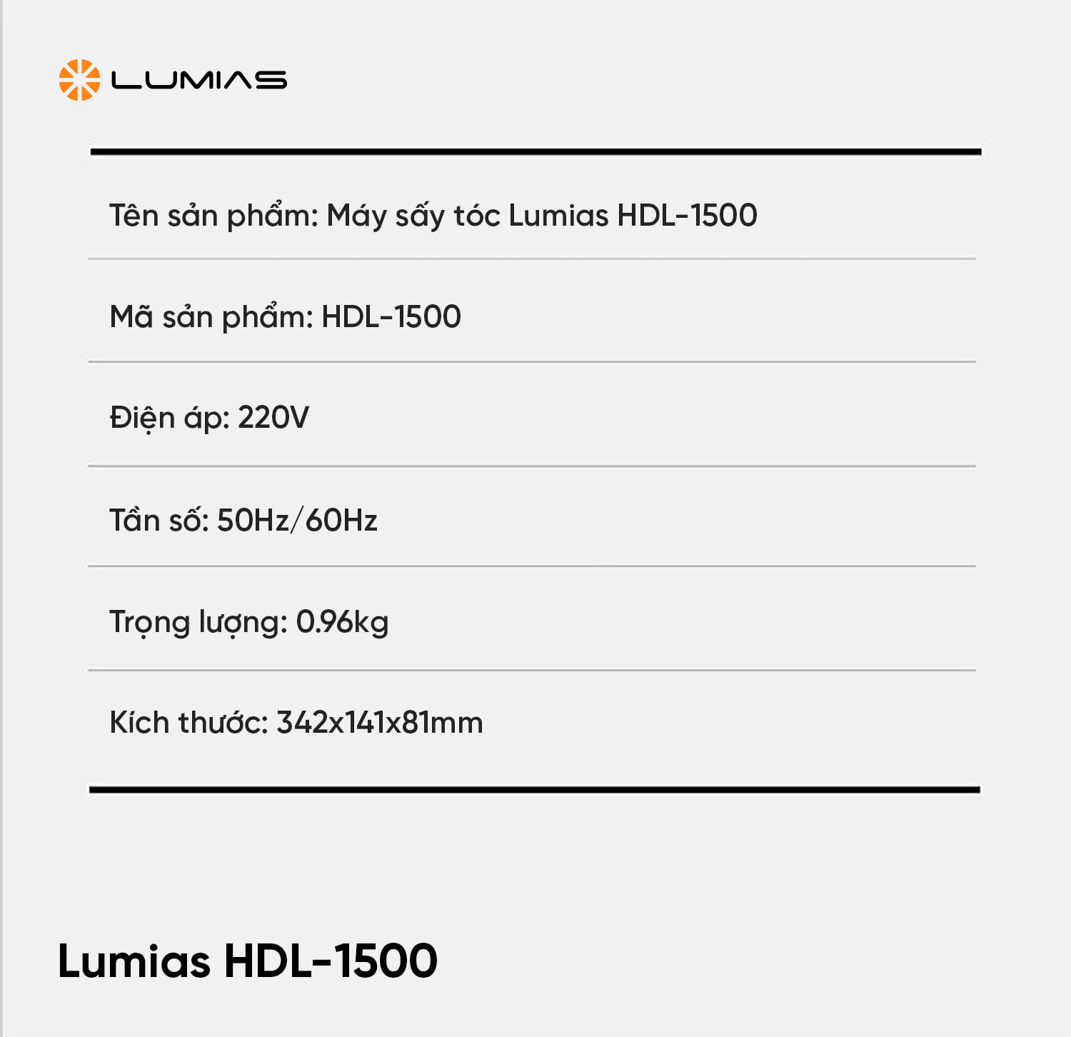 Thông số kỹ thuật của máy sấy tóc Lumias HDL-1500V/ HDL-1500P