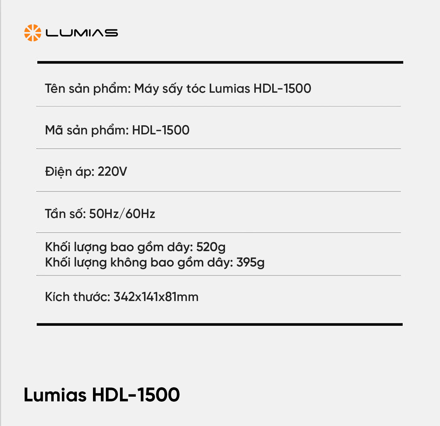 Thông số kỹ thuật của máy sấy tóc Lumias HDL-1500V/ HDL-1500P