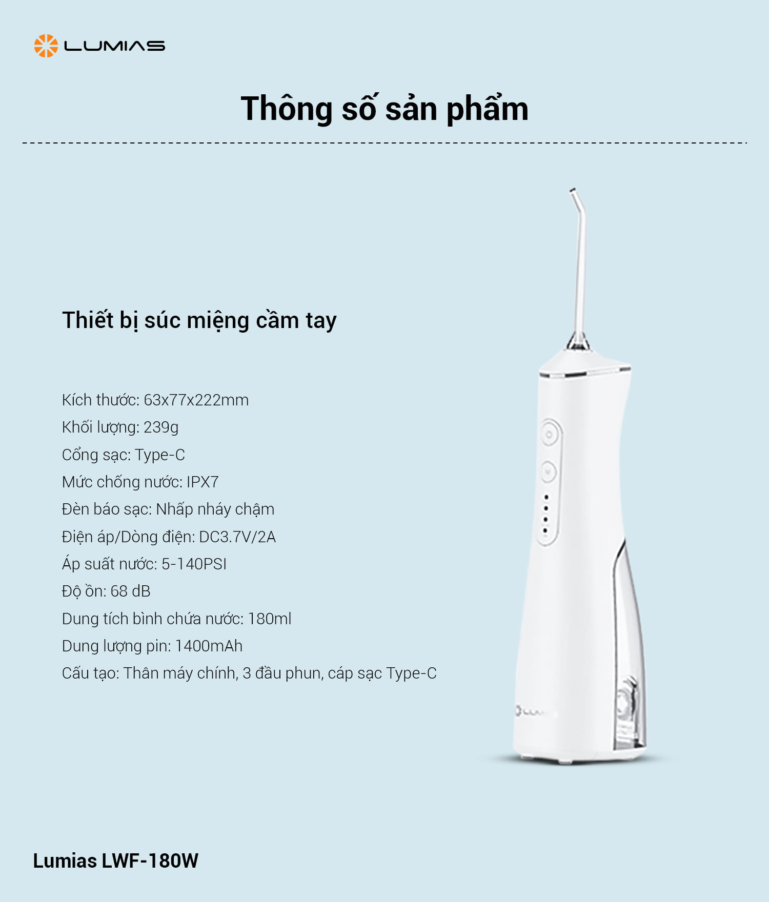 Thông số kỹ thuật của máy tăm nước Lumias LWF-180W